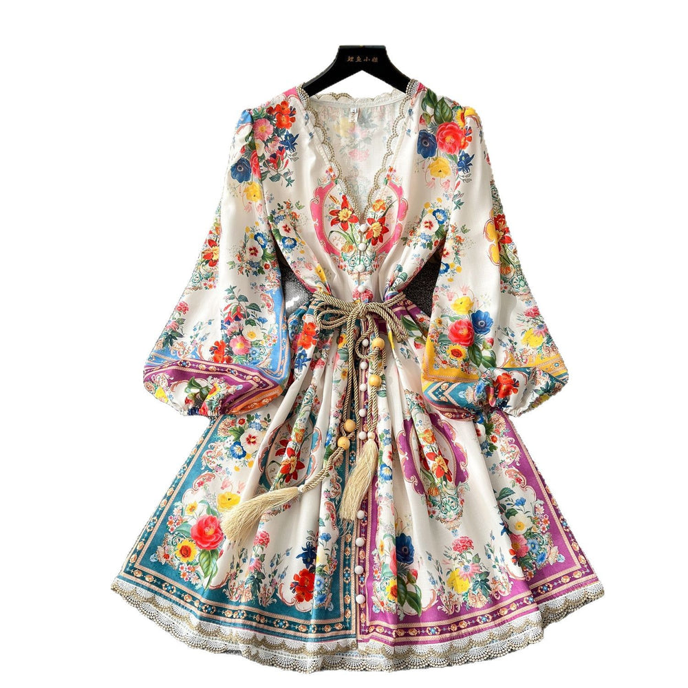 French court style high-end printed bubble sleeve dress - women's v-neck tie-waist elegant a-line ruffle skirt