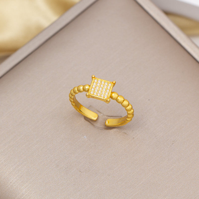 foreign trade popular zircon inlaid square ring with eight-character opening adjustment 18k gold electroplated high-end finger