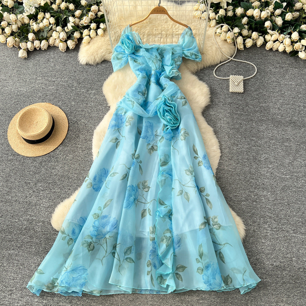 French chic high-end 3d floral ruched waist ruffle mesh dress - elegant women's evening gown maxi dress
