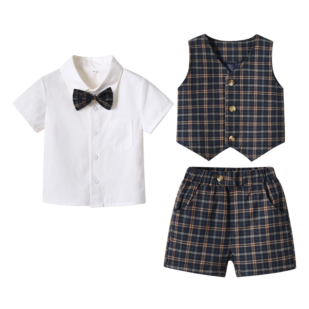 New boys' spring plaid vest three-piece set: gentleman's outfit for older boys, perfect for baby's first birthday celebration