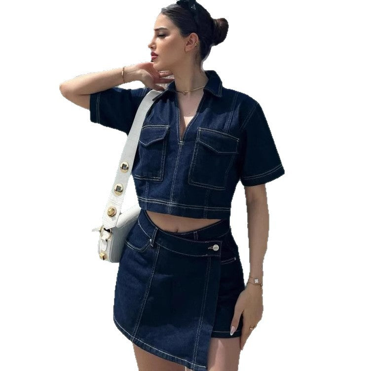 Cross-border European and American wind speed sales, popular double-placket V-neck pullover short denim shirt, high-waisted denim culottes set