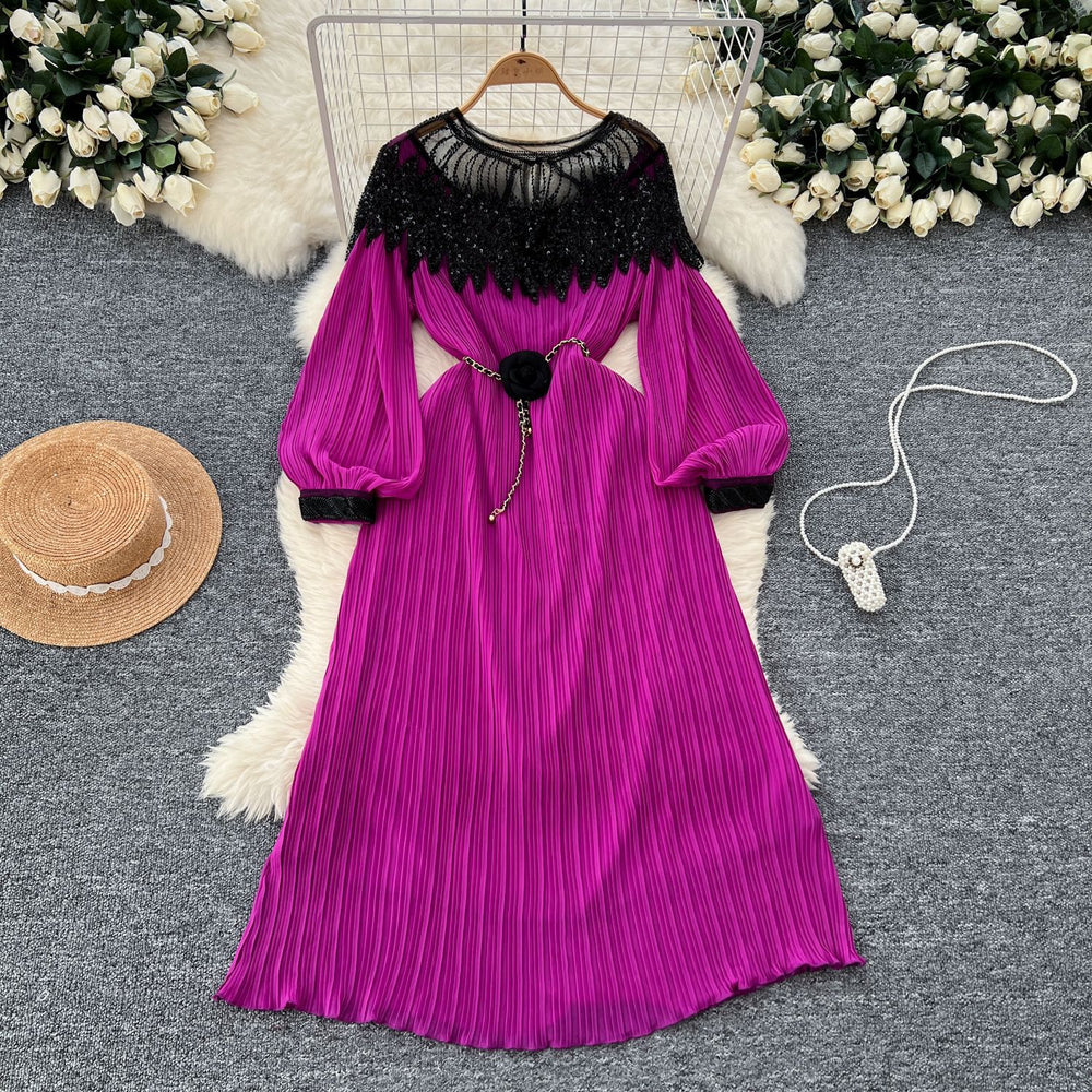 Autumn european and american retro court style heavy sequin embroidered long pleated puff sleeve dress women's pleated skirt