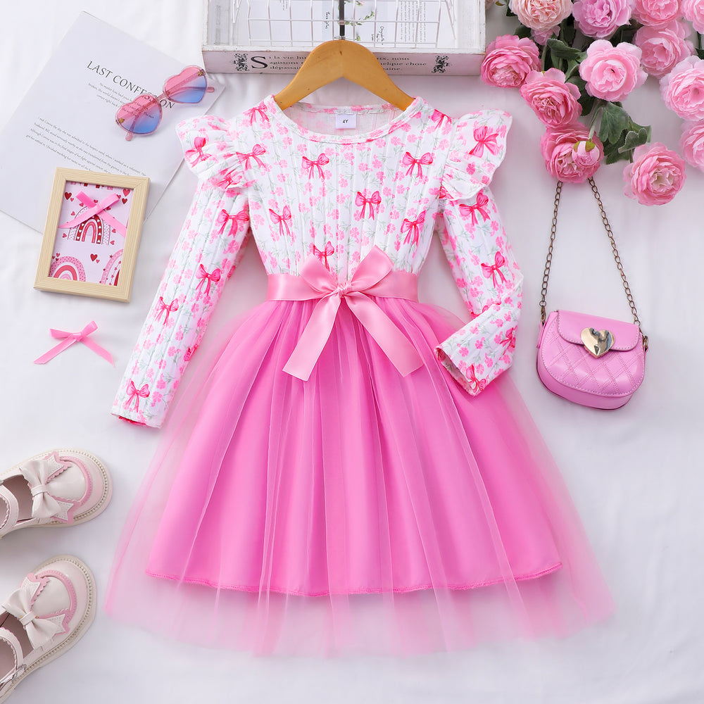 Girls' dress, flutter sleeve printed patchwork mesh dress