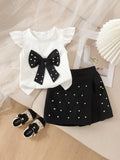 Children's clothing cross-border european and american girls white flying sleeve t-shirt black skirt children's clothing two-piece set