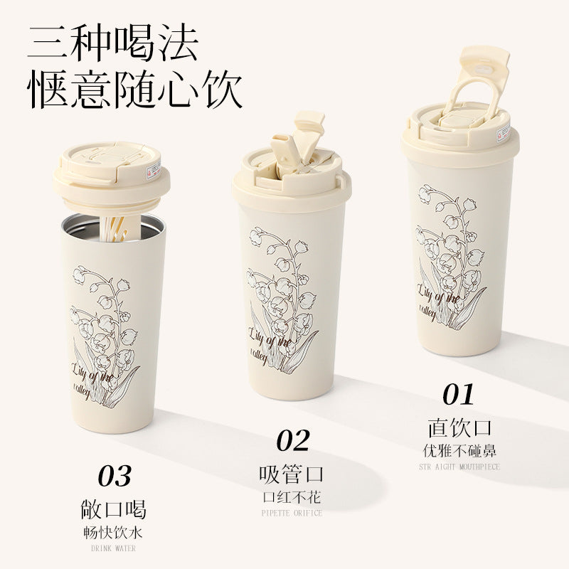 Creative artsyniche style lily of the valley coffee cup, straw, direct drinking, large capacity thermos cup, beautiful and portable satchel