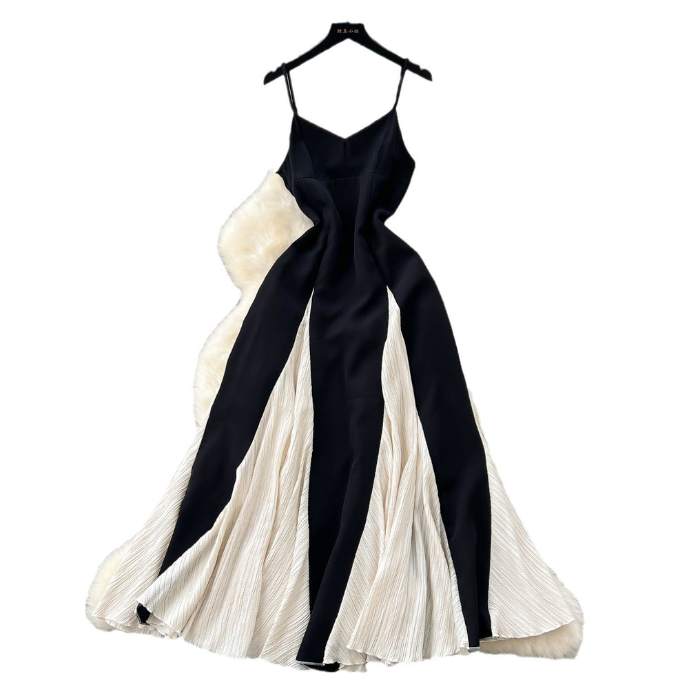 summerelegancesexy color matching suspender dress for women vacation style waist ruffles large swing dress long skirt