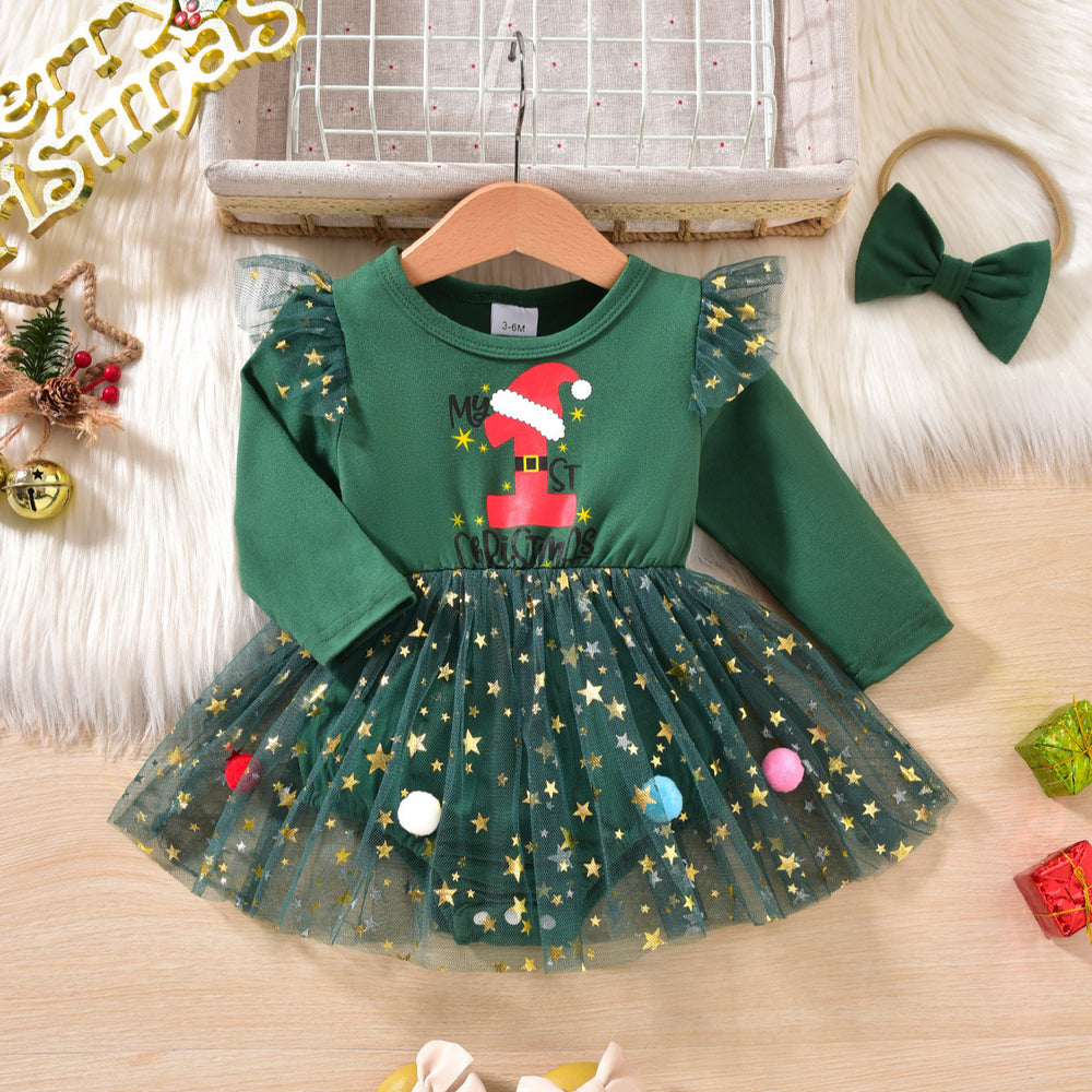 Baby girl christmas party outfit long sleeve patchwork mesh romper dress