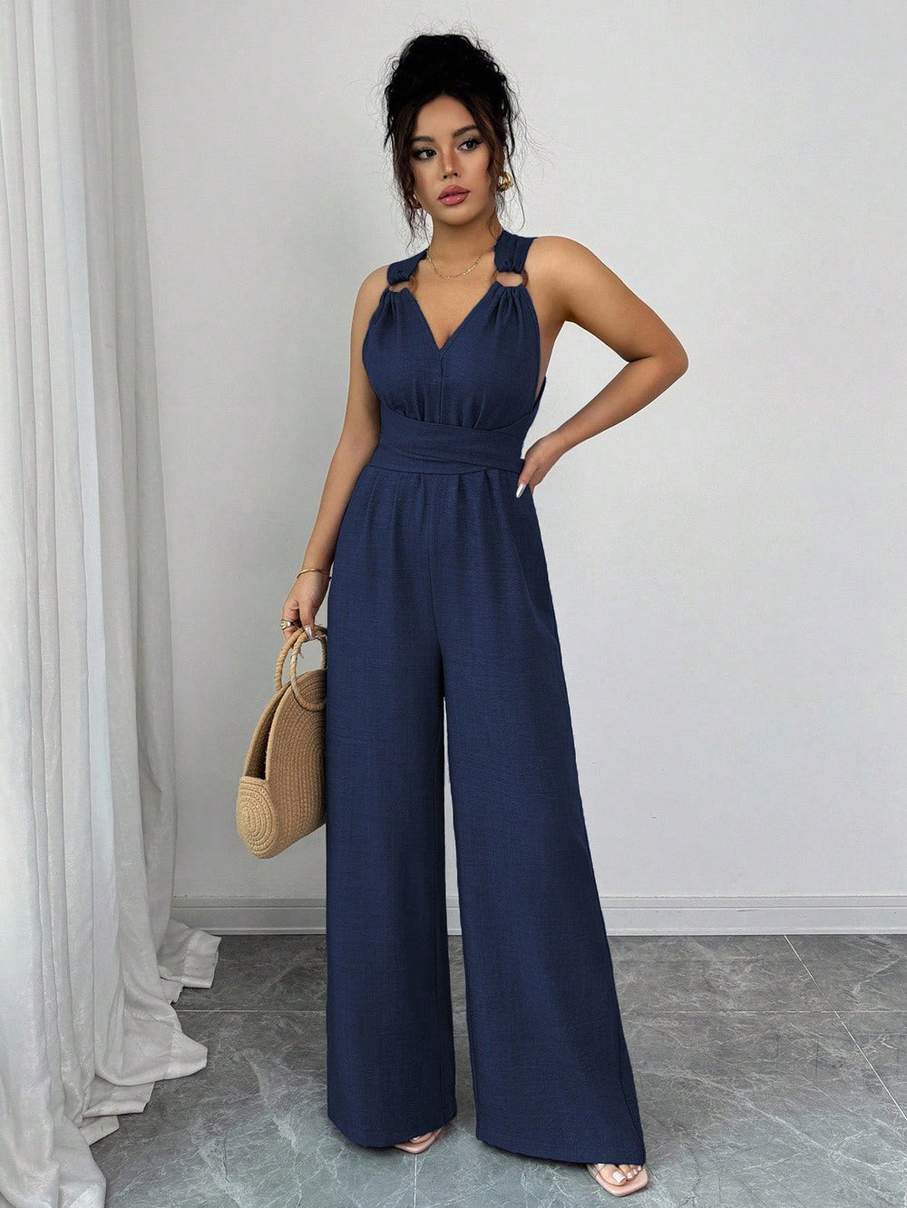 women's halterv neckbackless jumpsuit waist tie backloose pantswork clothingcasualslimming look jumpsuit