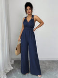 women's halterv neckbackless jumpsuit waist tie backloose pantswork clothingcasualslimming look jumpsuit