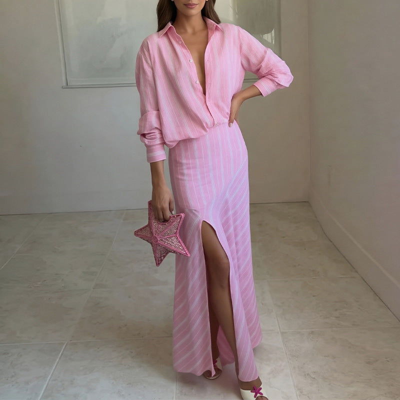 summer new women's clothing: cross-border european and american style fashion casual striped long-sleeve shirt dress set