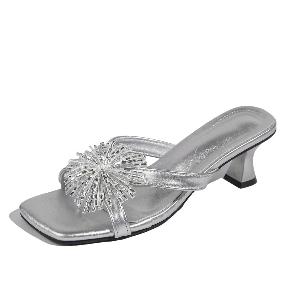 2026new arrival crystal fireworks fairy shoes thick heel sandals outwear sandals women's shoes fashionelegant one-line slippers