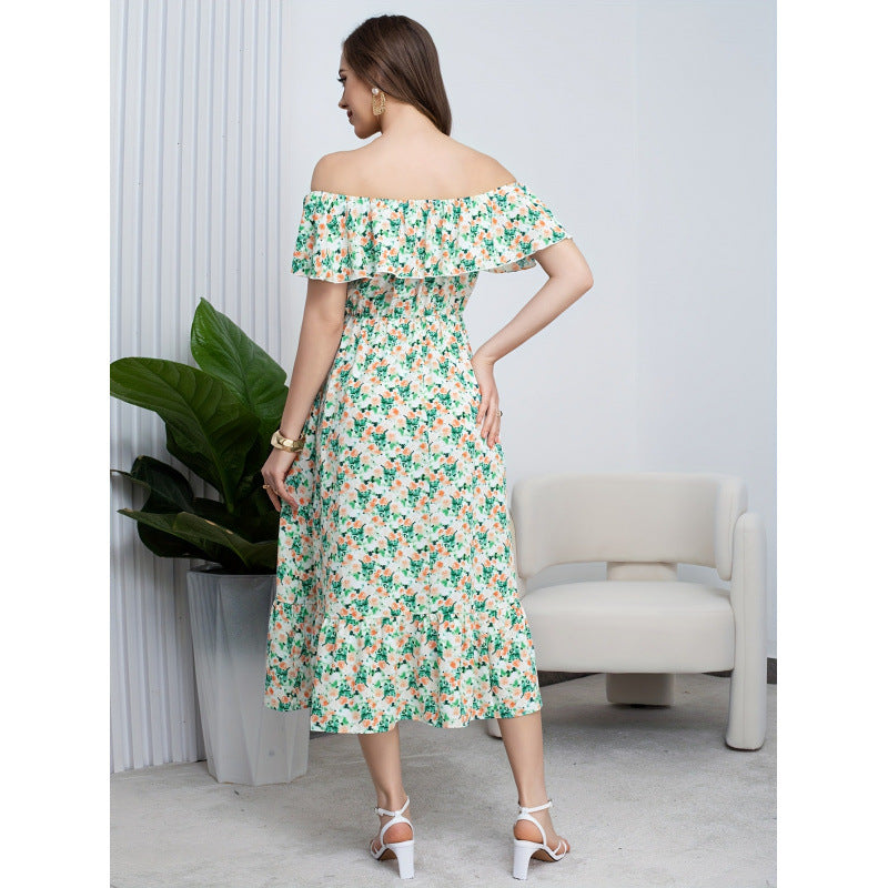 listing: new  women's original elegant ruffle off-the-shoulder printed dress