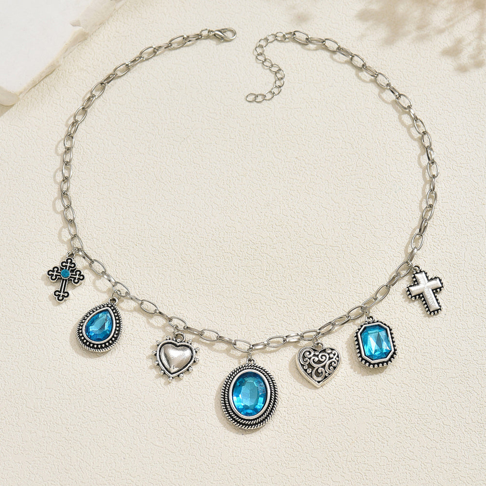 Wholesale blue gemstone necklace - european & american cross-border, light luxury, high-end, baroque heart, teardrop, and cross pendant necklace for women