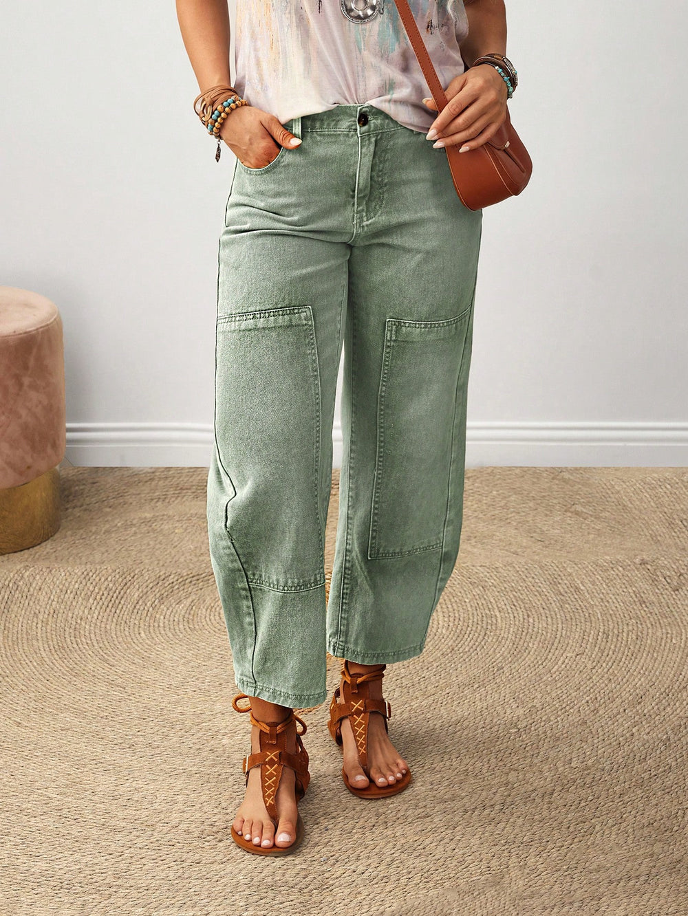 European and american cross-border casual patchwork denim jeans - women's washed loose straight-leg wide-leg pants