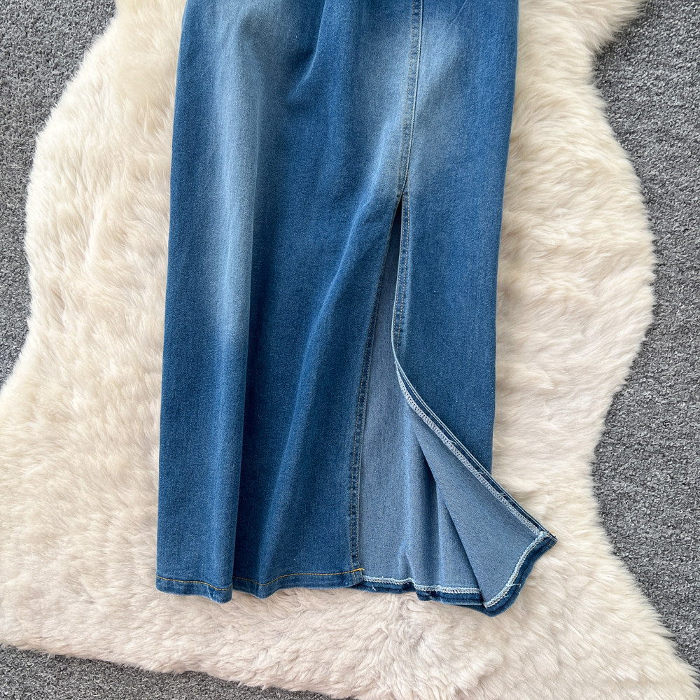 K-style silmslimming lookcasual denim dress women's summerruffle collar waist slimming looka-line long skirt work clothing