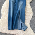 K-style silmslimming lookcasual denim dress women's summerruffle collar waist slimming looka-line long skirt work clothing