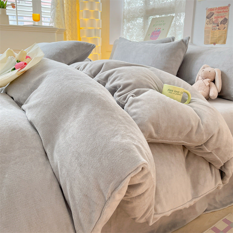 Solid color milk fleece four-piece set, winter thickened coral fleece bed sheet quilt cover, Nantong flannel bed three-piece set