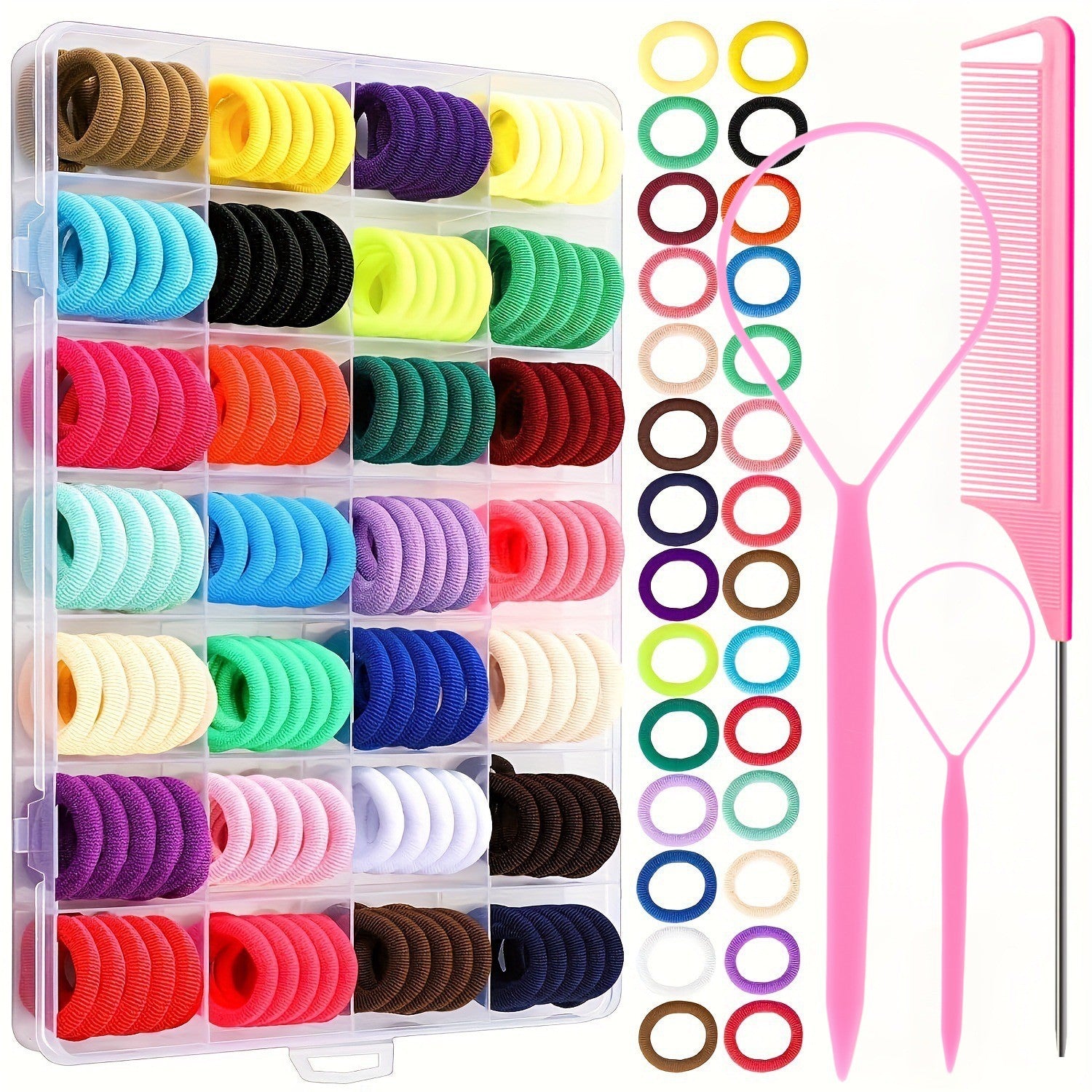 Cross-border special for children's rubber bands, colored hair ropes, 24/28/32-color boxed head ropes, hair pulling needles, pointed tail combs