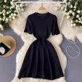 French chic round neck short sleeve dress - women's elegant, slim-fit, retro a-line summer dress