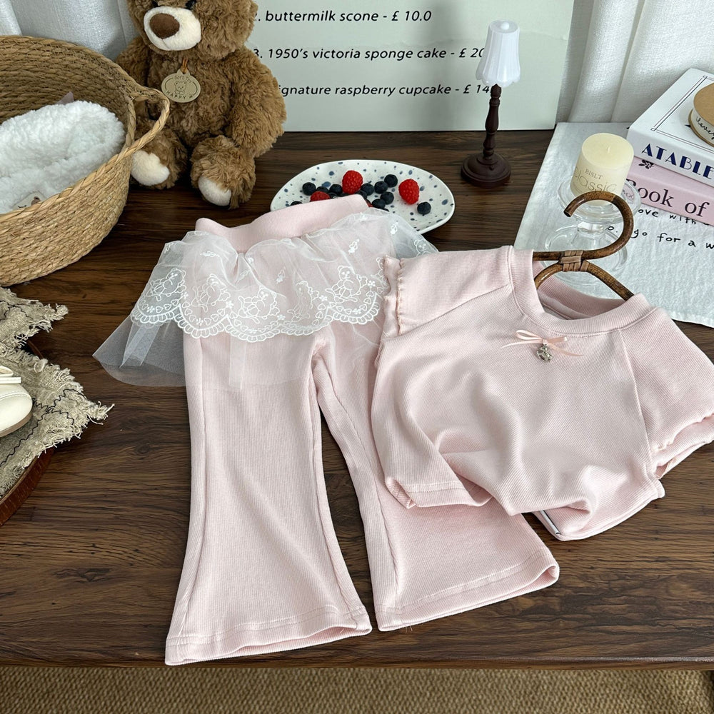 Girls' knitted summer outfit set : korean style cute lace trim straight-leg pants set - trendy