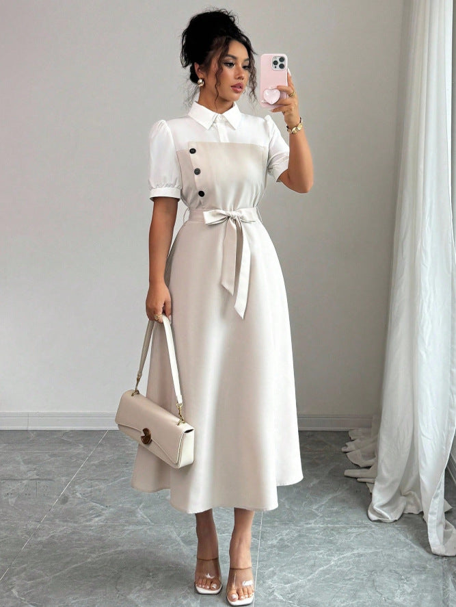 new european and american cross-border fashion: french chic white fitted waist dress