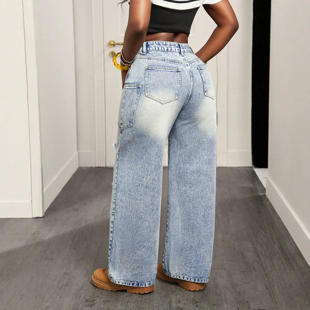 Fashionjeans women's high waist side flap pocket pants big holes raw edge loose pants washed retro hot girl mop pants