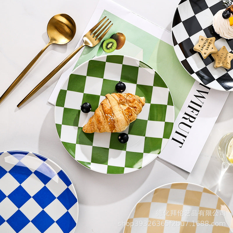 Instagram-worthy creative printed ceramic chessboard pattern dinner plates - stylish dinnerware for restaurants, home use, western cuisine, baking, and plating
