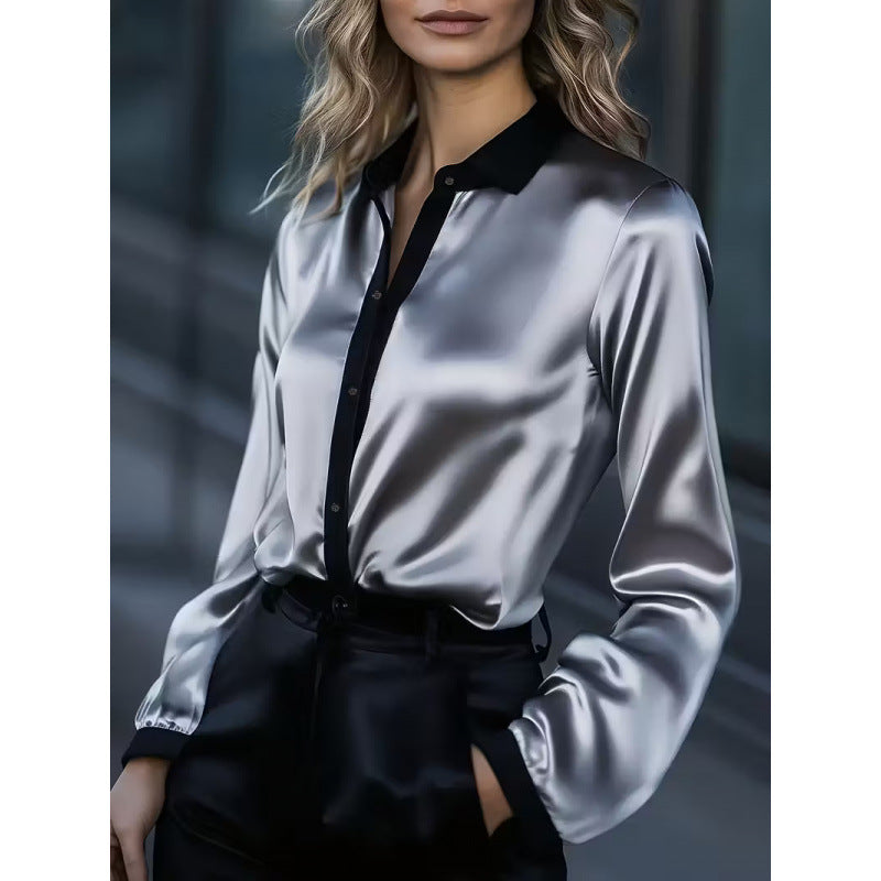 Shipped: bestselling women's satin color block long sleeve top/shirt for independent e-commerce stores