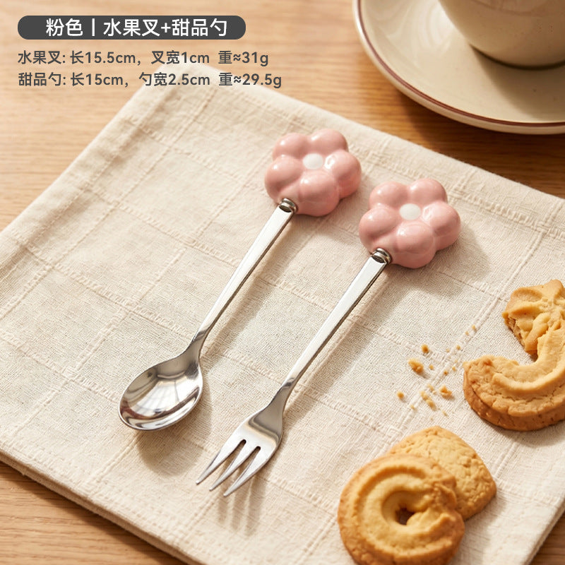 Creative sunflower stainless steel fruit fork desktop decoration ornament ceramic handle spoon exquisite afternoon tea fork wholesale