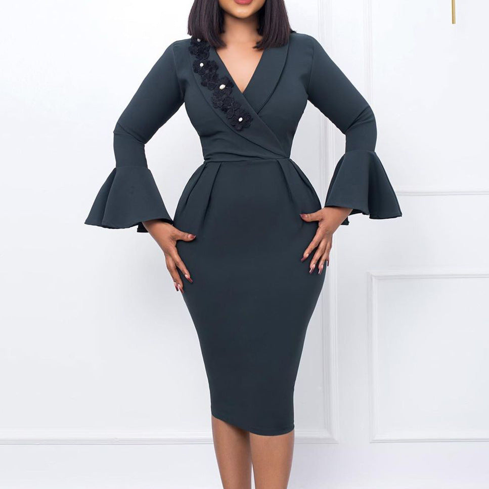 D3160 cross-border women's clothing  autumn/winter new arrival v-neck elegant flared sleeve slit bodycon foreign trade dress