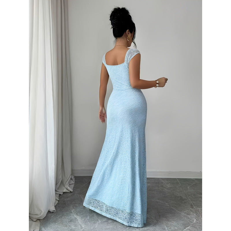 Women's summer elegant french romantic knitted lace textured high-slit slim-fit maxi dress