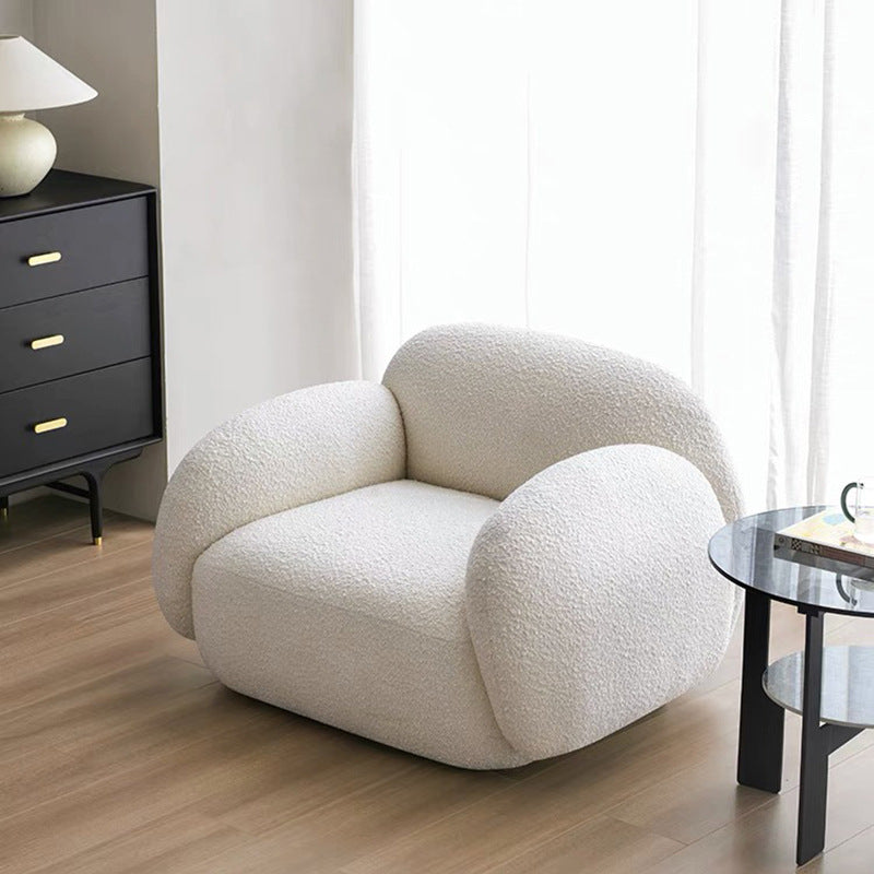 italian minimalist curved fabric sofa, perfect for small apartments. unique, creatively designed living room sofa in teddy velvet fabric