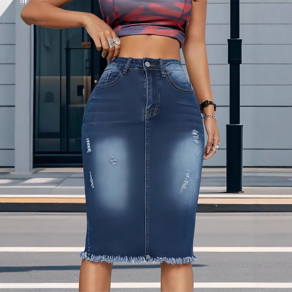 Cross-border burrs denim skirt women's 2025 new high-waisted and thin one-step skirt medium and long a-word hip skirt