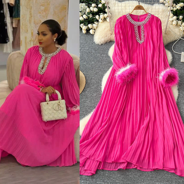 European and american cross-border  autumn new arrival: elegant solid color dress - round neck, rhinestone embellished, loose fit, faux fur trim, pleated maxi dress
