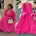 European and american cross-border  autumn new arrival: elegant solid color dress - round neck, rhinestone embellished, loose fit, faux fur trim, pleated maxi dress