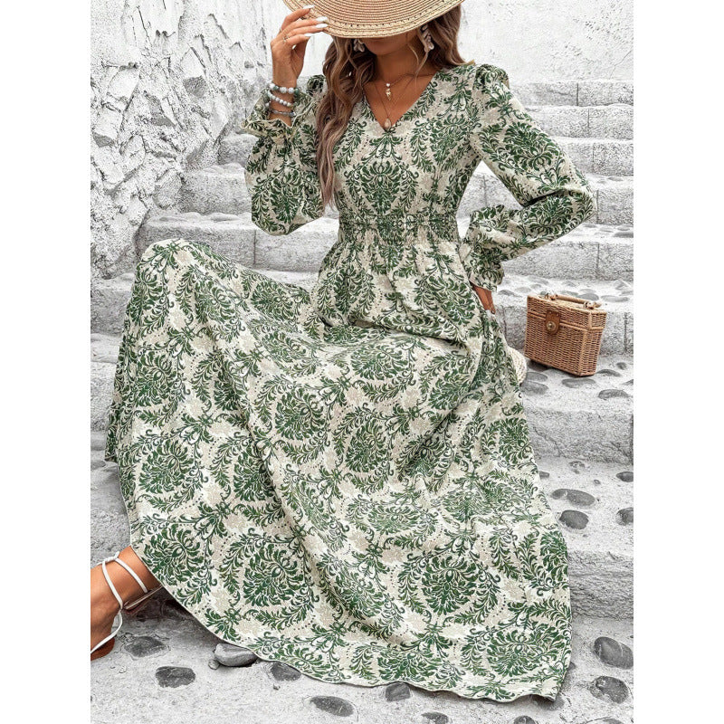 &  autumn hot-selling women's printed v-neck long sleeve maxi dress - stylish and versatile