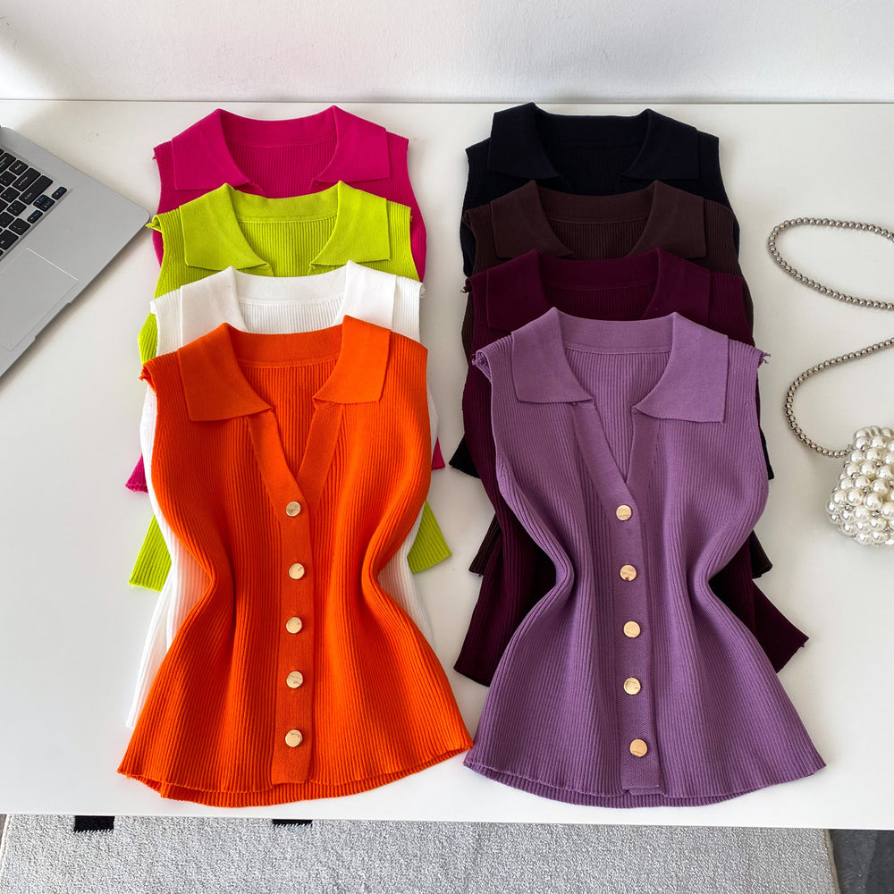 Light mature style sense of design lapel sleeveless knitting vest women's summerkorean style single breasted silm thin tops multi-color