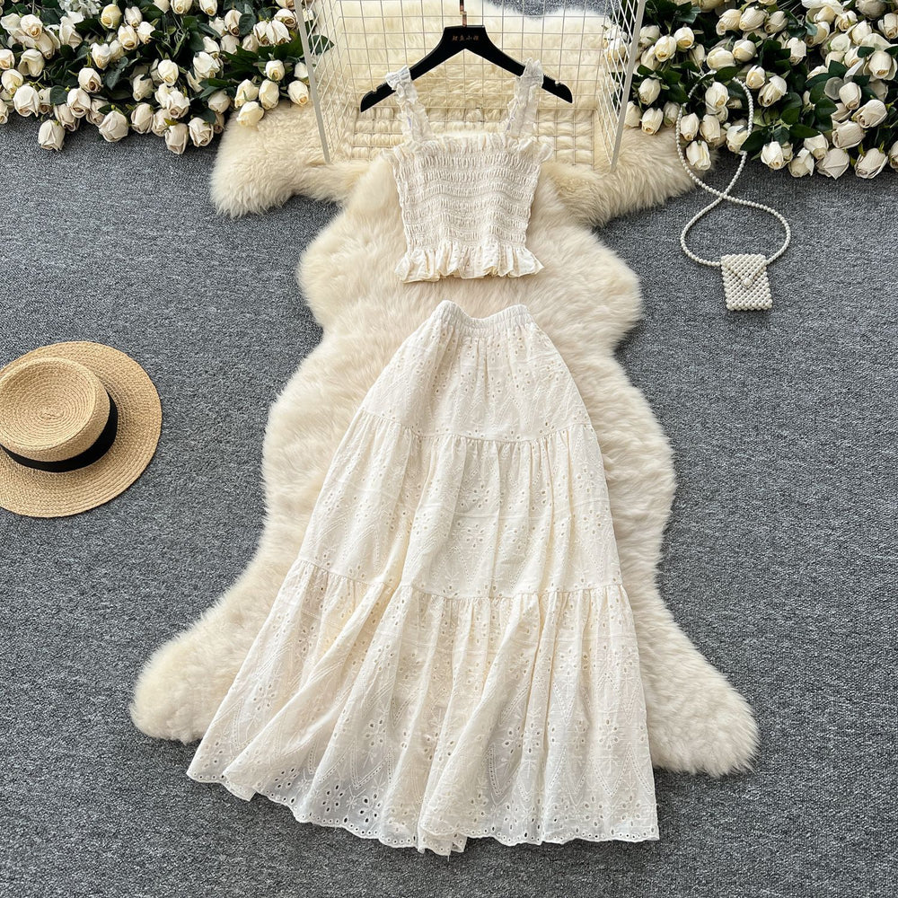Super fairy vacation wear women's summer wear pure desire elastic silm camisole cut outembroiderhigh waist skirt suit