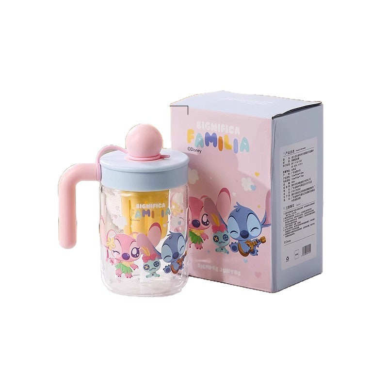 Stitch Glass Girls Large Capacity Cold Drink Fruit Teacup Stitch Drinking Tea Cup Independent Tea Warehouse with Straw