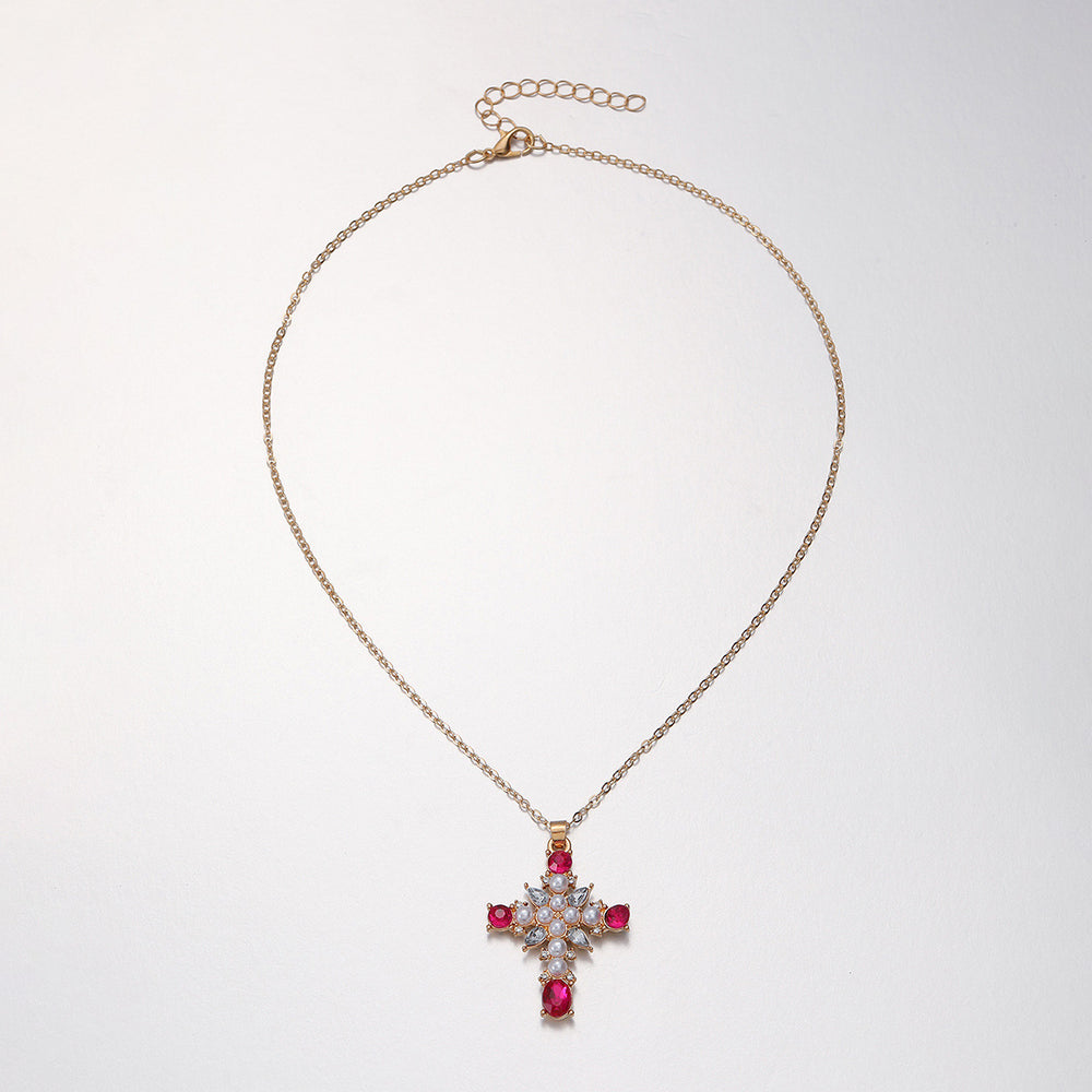 European and american cross-border jewelry: fashionable and sweet cross pendant necklace, light luxury high-end red diamond-encrusted choker