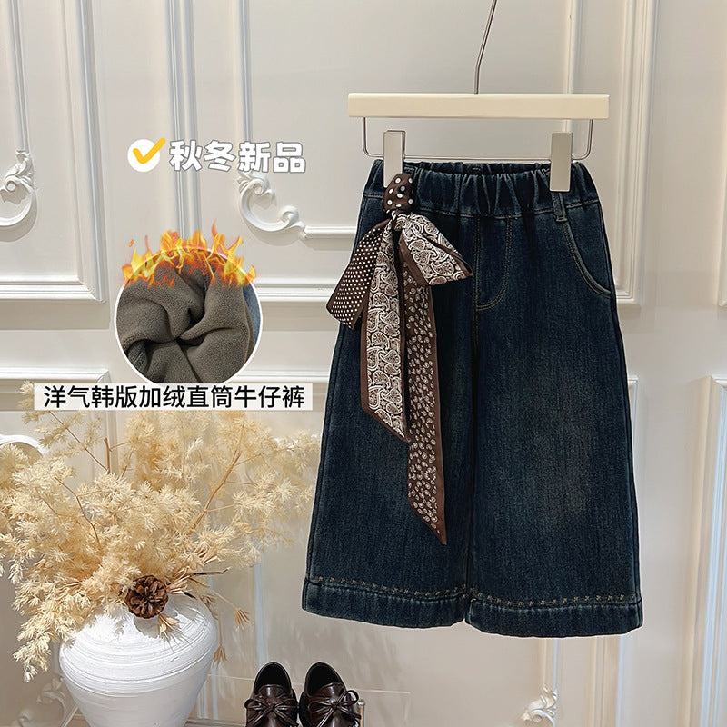 Girls' new autumn/winter fleece-lined thickened jeans, korean style casual fashion denim pants for baby girls, children's clothing