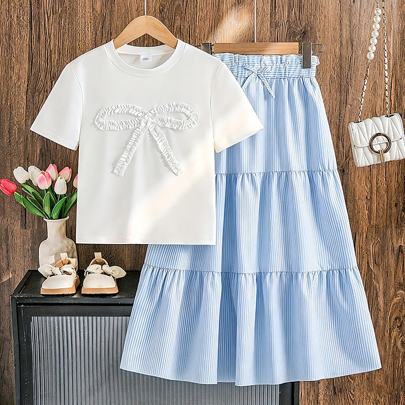 girls' summer new collection: 3d bow short-sleeve top & bohemian tiered skirt set
