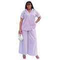 European and american women's clothing  autumn new collection: sweet and fresh striped turn-down collar short-sleeve shirt and high-waisted wide-leg pants two-piece set