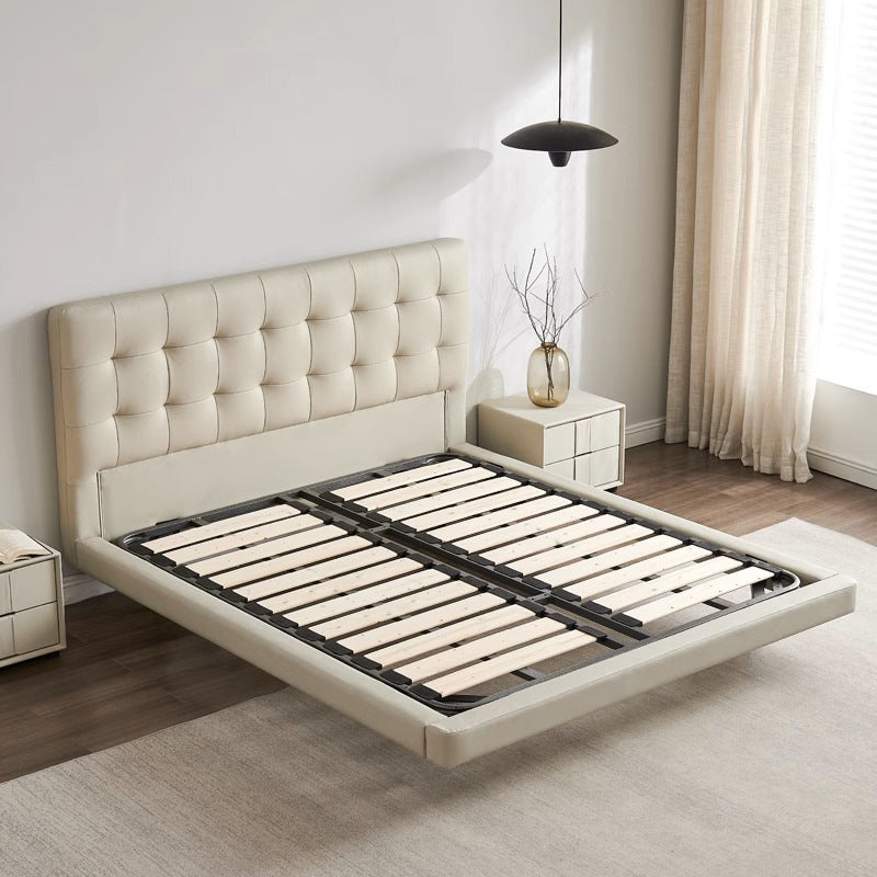Waffle grids italian normcore genuine leather suspended bed popular cream style white soft bag classy master bedroom wedding bed