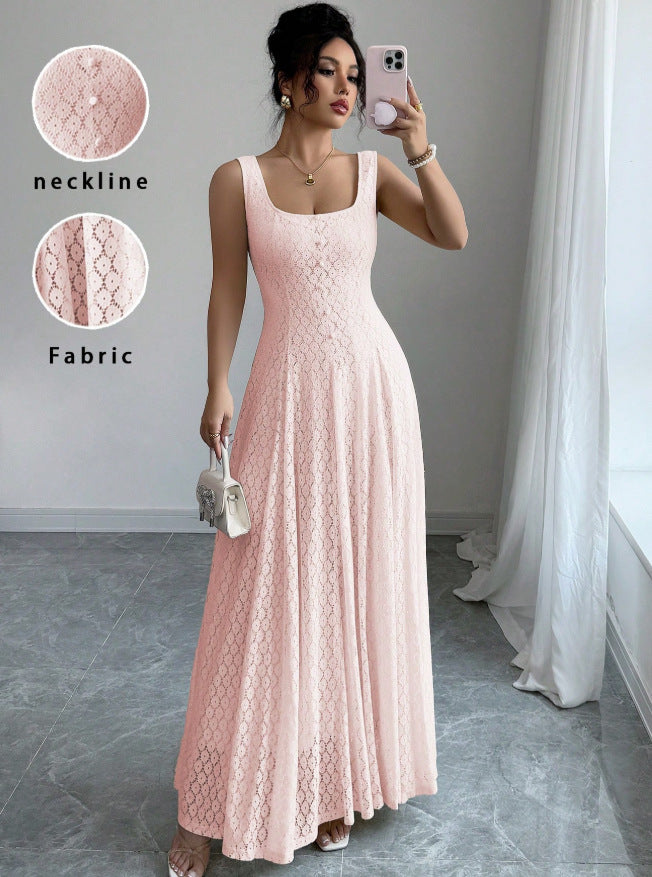 Pink u-neck sleeveless tank dress - women's summer slim fit lace a-line maxi dress with a chic, edgy design