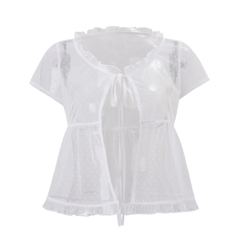 European and american women's clothing  summer new bohemian beach vacation see-through polka dot top three-piece set