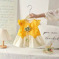 Infant and toddler floral patchwork flutter-sleeve cotton dress, new summer style for baby girls, with ruffled trim and vest-style princess dress