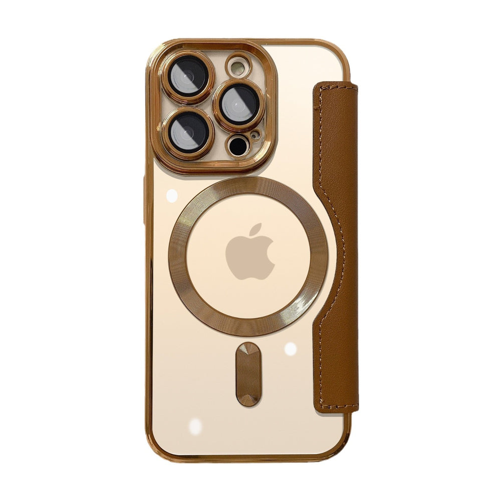 Suitable for apple 16promax mobile phone case electroplated gold shield magnetic leather case iphone17 flip full cover protective case