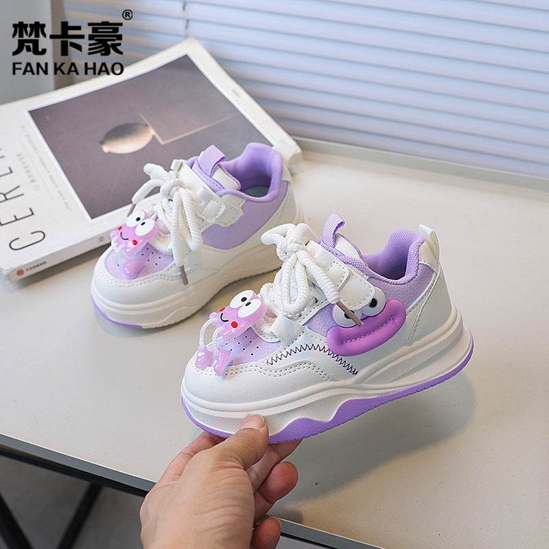 Girls' chunky sole cartoon sneakers - new autumn  korean style kids' fashion athletic shoes - versatile white sneakers for students