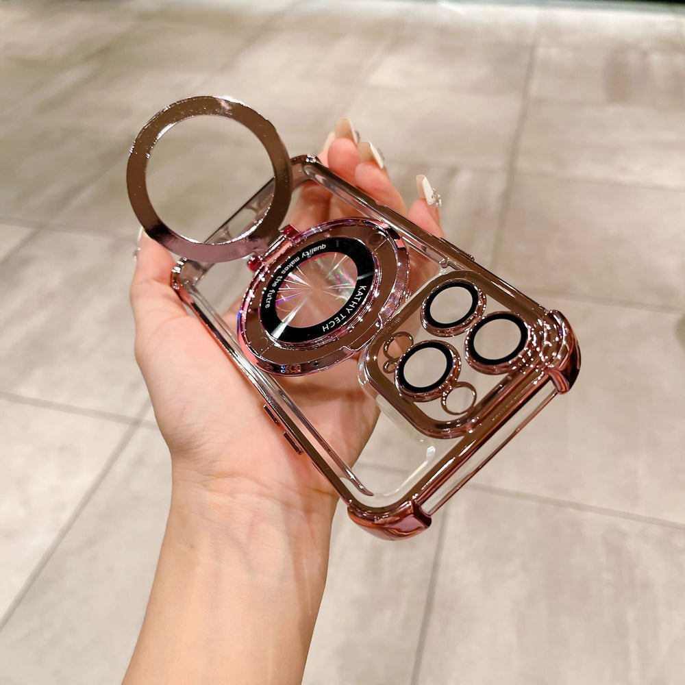 Magnetic magnifying glass stand compatible iphone 17 pro case, apple 16 glitter four-corner airbag shockproof cover